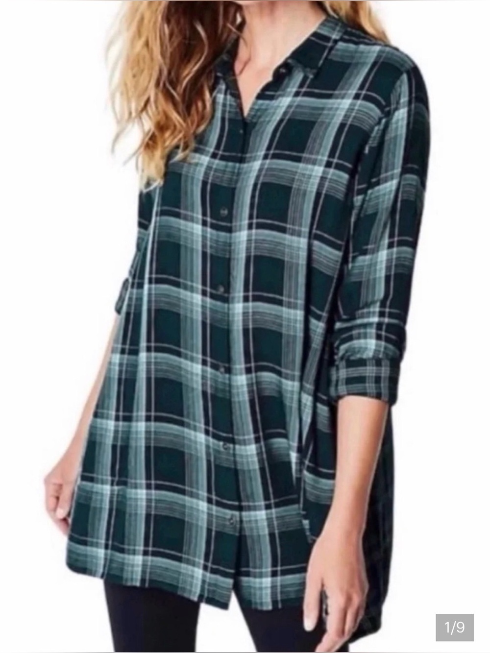 J. JILL Green Plaid Button Front Long Sleeve Tunic Size Medium Petite